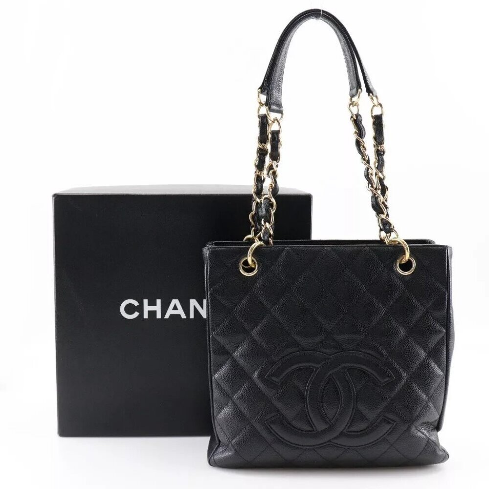 CHANEL PST Chain Tote Shoulder Bag A20994 Matelasse black Caviar skin Women